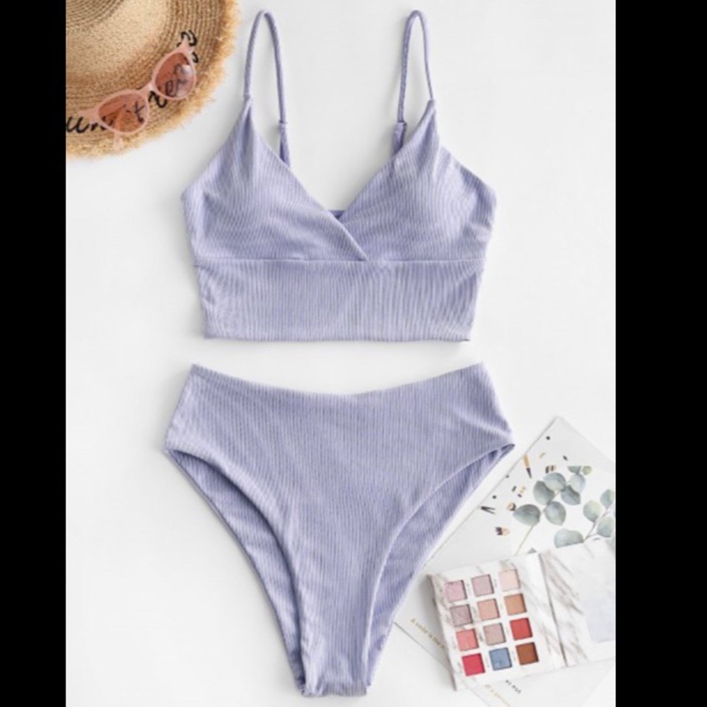 Zaful Ribbed High Cut Surplice Tankini Swim Suit